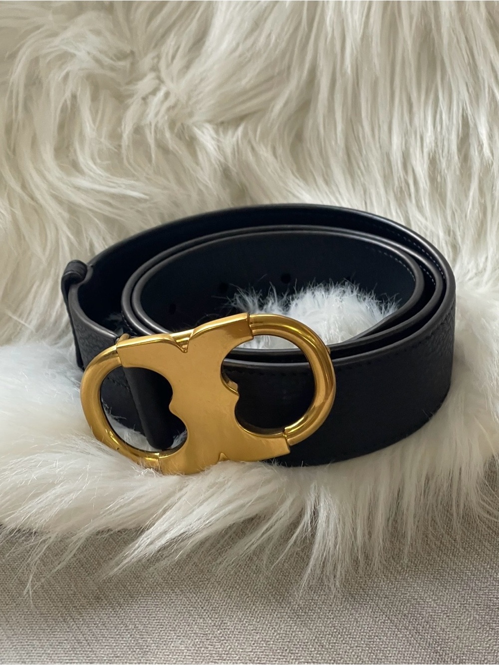 Tory Burch Black Leather Belt with Gold Logo Buckle